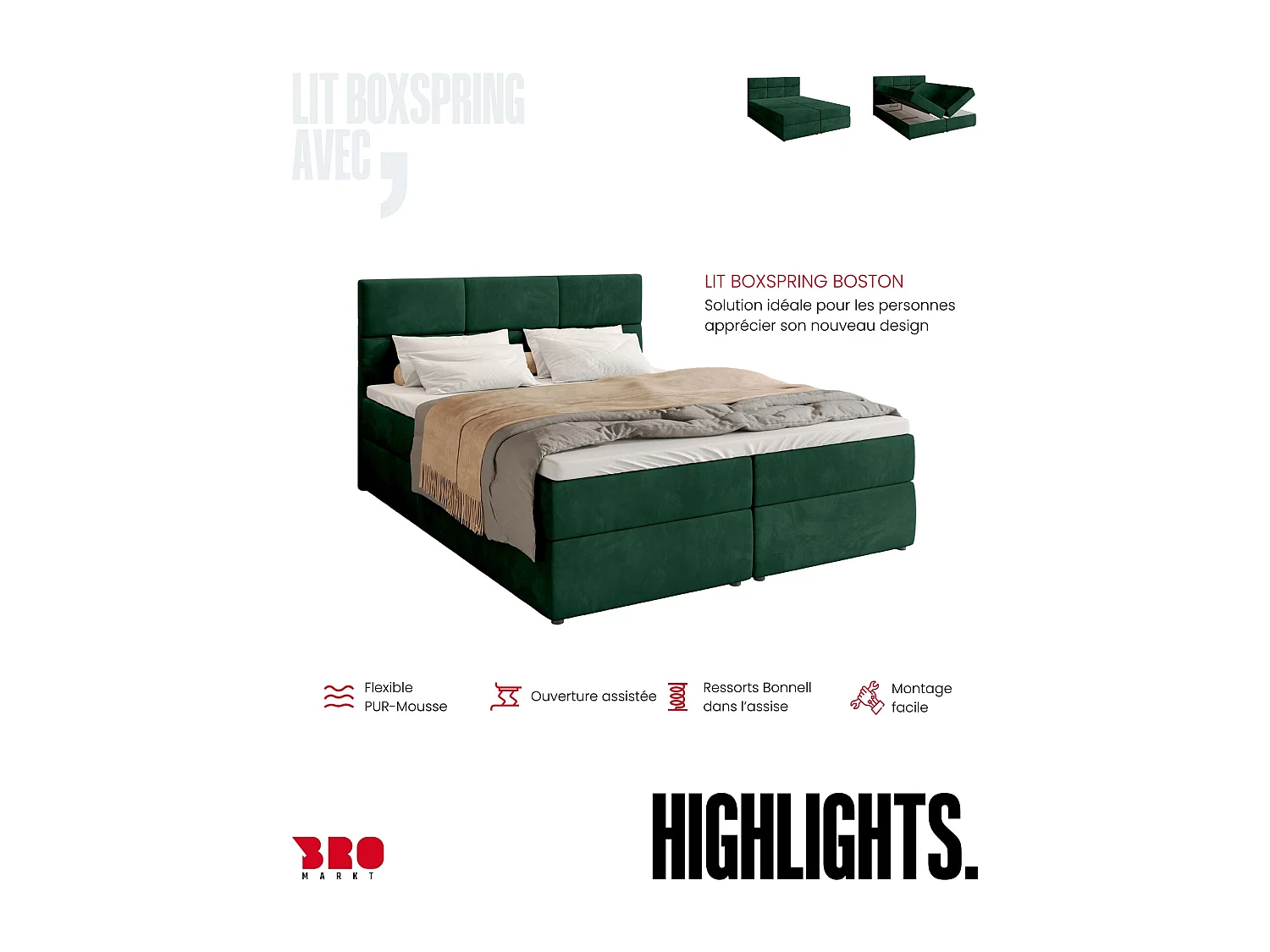 Lit boxspring avec rangement BOSTON - matelas - surmatelas - vert - 180x200 cm