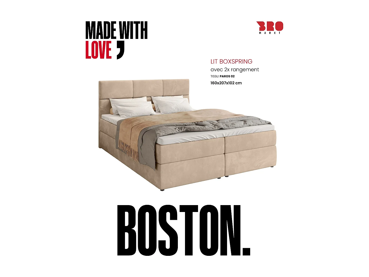 Boxspringbed met hoofdeinde, matras en dekmatras - BOSTON - 160x200 - lichtbeige