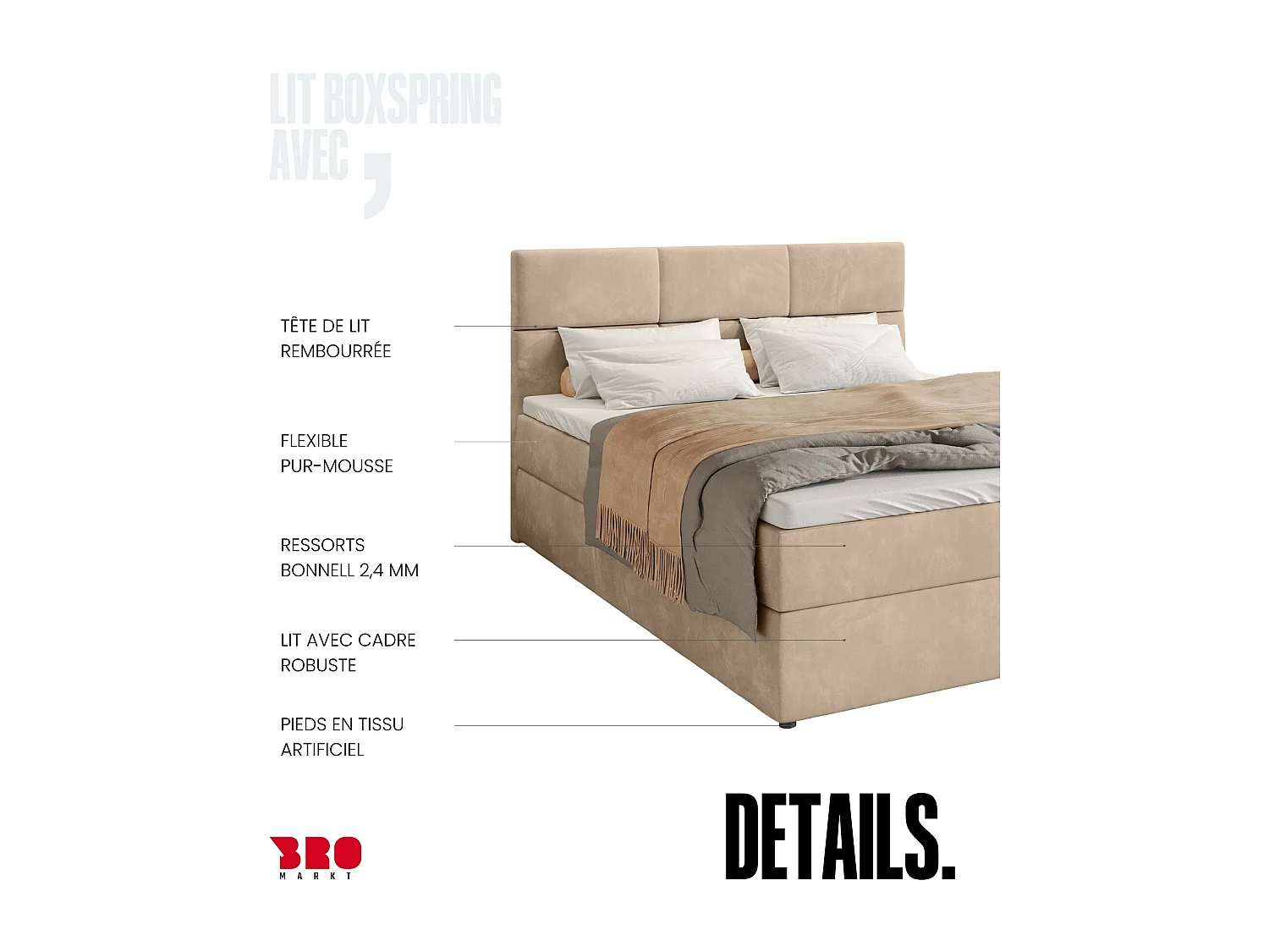 Boxspringbed met hoofdeinde, matras en dekmatras - BOSTON - 160x200 - lichtbeige