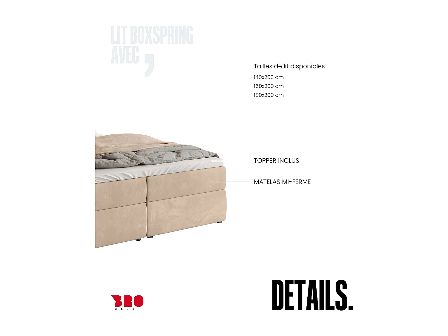 Boxspringbed met hoofdeinde, matras en dekmatras - BOSTON - 160x200 - lichtbeige