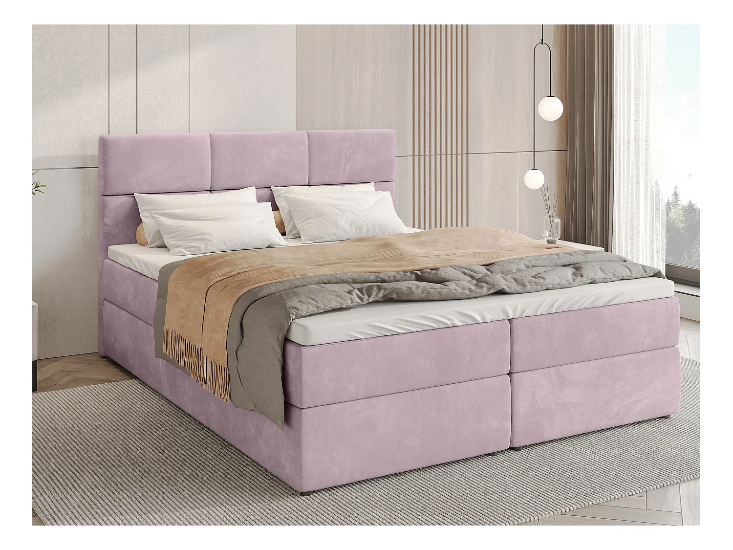 Lit boxspring avec rangement BOSTON - matelas - surmatelas - rose - 140x200 cm