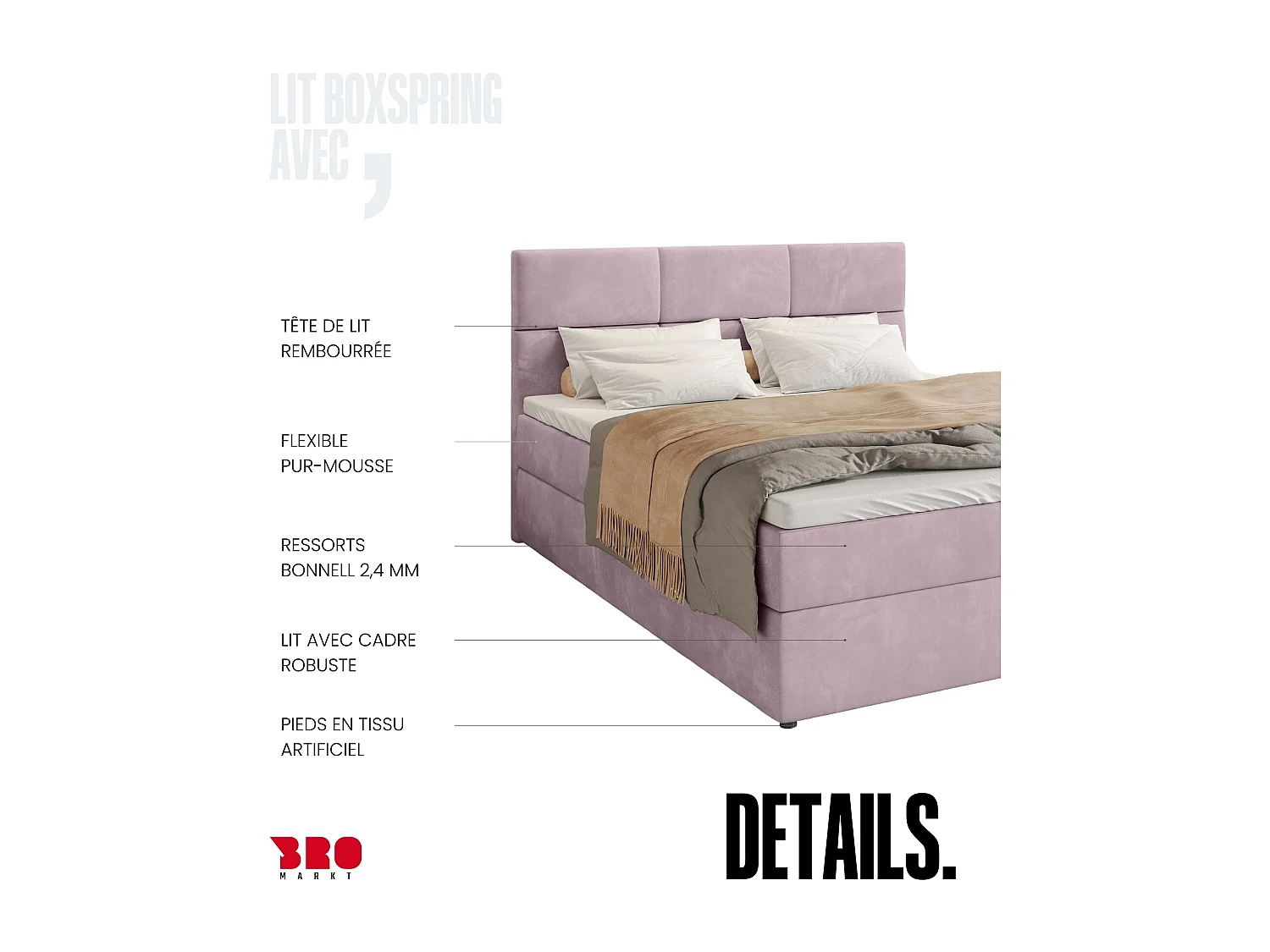 Lit boxspring avec rangement BOSTON - matelas - surmatelas - rose - 140x200 cm