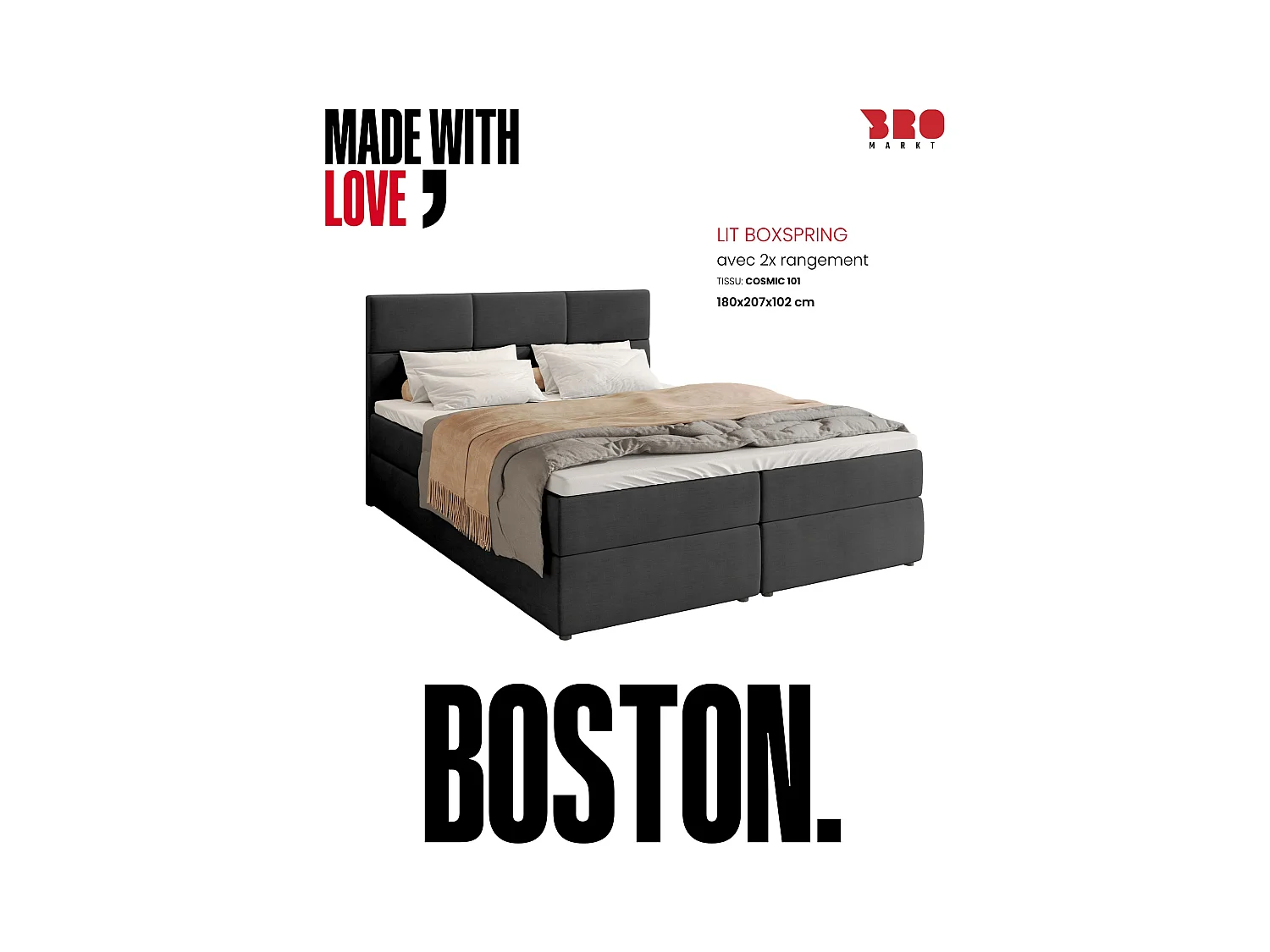 Boxspringbed met hoofdeinde, matras en dekmatras - BOSTON - 180x200 - donkergrijs