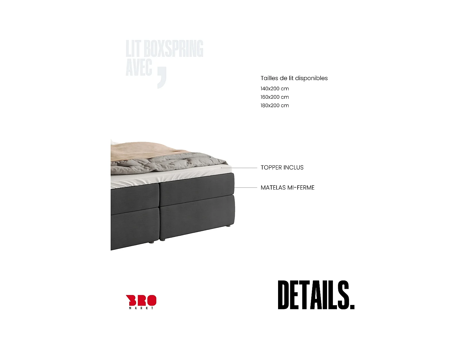 Boxspringbed met hoofdeinde, matras en dekmatras - BOSTON - 180x200 - donkergrijs
