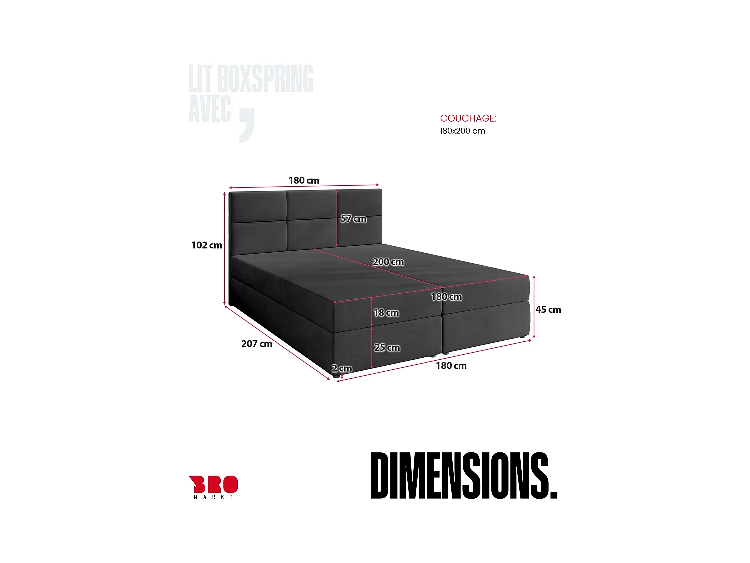 Boxspringbed met hoofdeinde, matras en dekmatras - BOSTON - 180x200 - donkergrijs