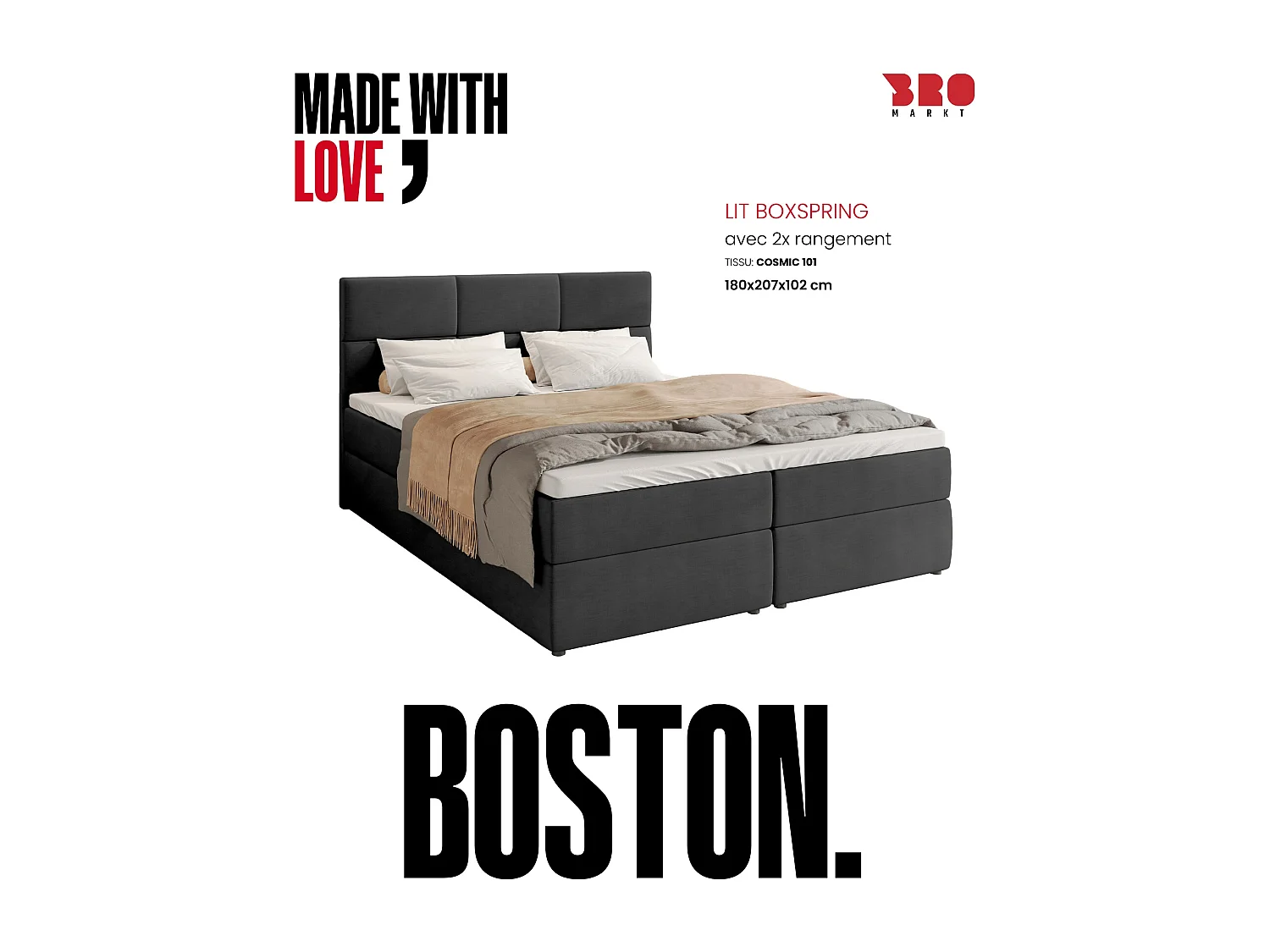 Lit boxspring avec rangement BOSTON - matelas - surmatelas - gris foncé - 180x200 cm