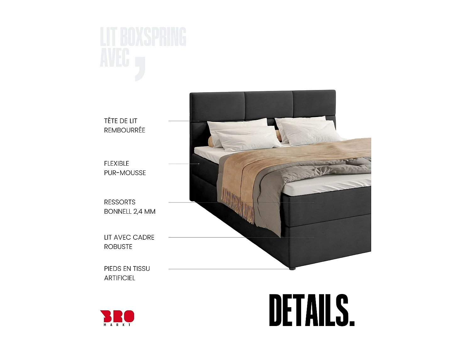 Lit boxspring avec rangement BOSTON - matelas - surmatelas - gris foncé - 180x200 cm