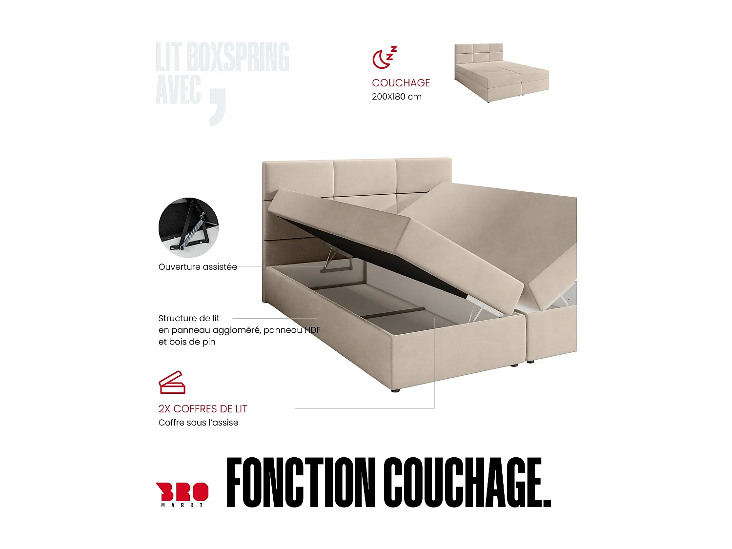 Lit boxspring avec rangement BOSTON - matelas - surmatelas - gris foncé - 180x200 cm