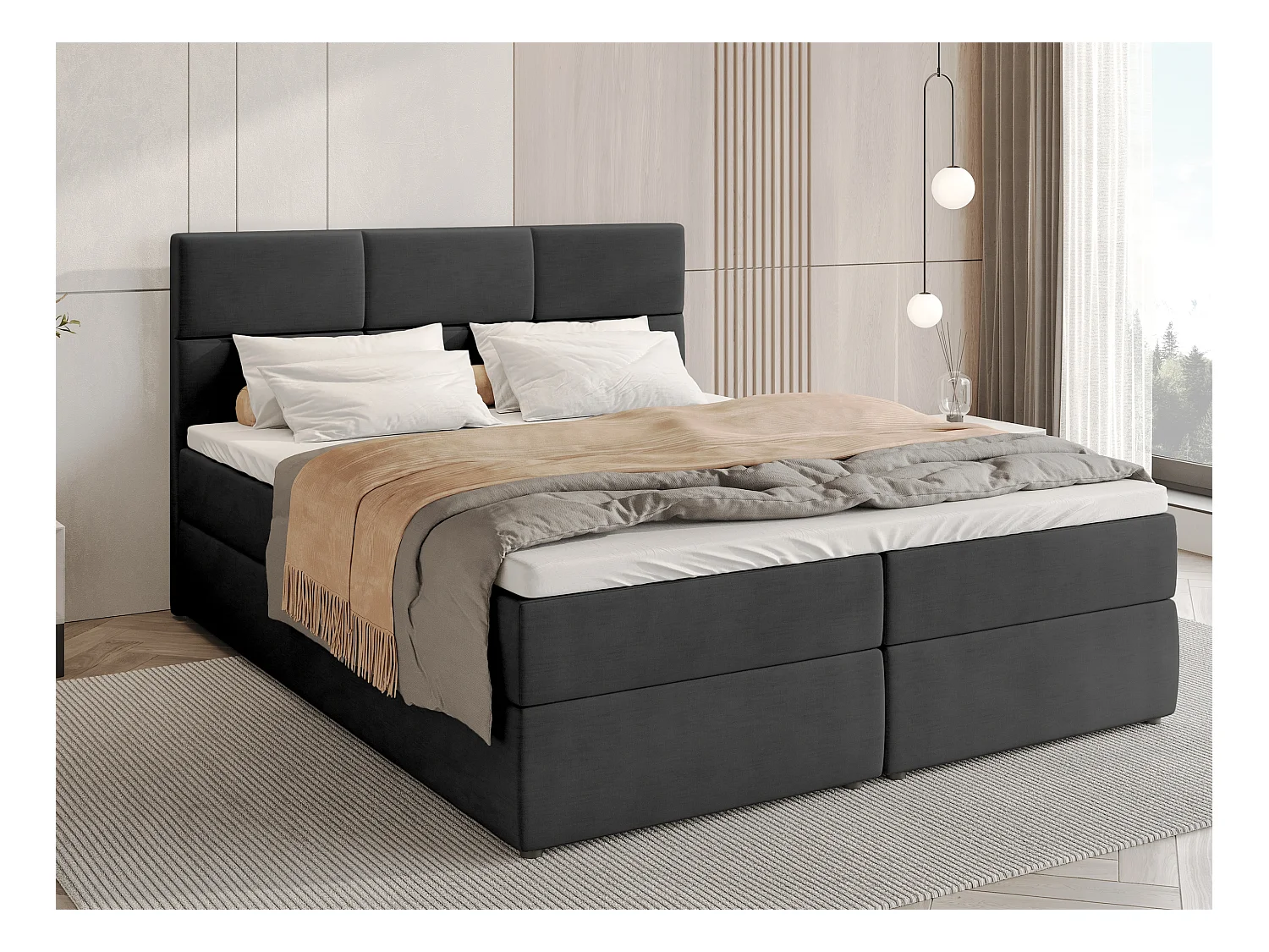 Lit boxspring avec rangement BOSTON - matelas - surmatelas - gris foncé - 160x200 cm