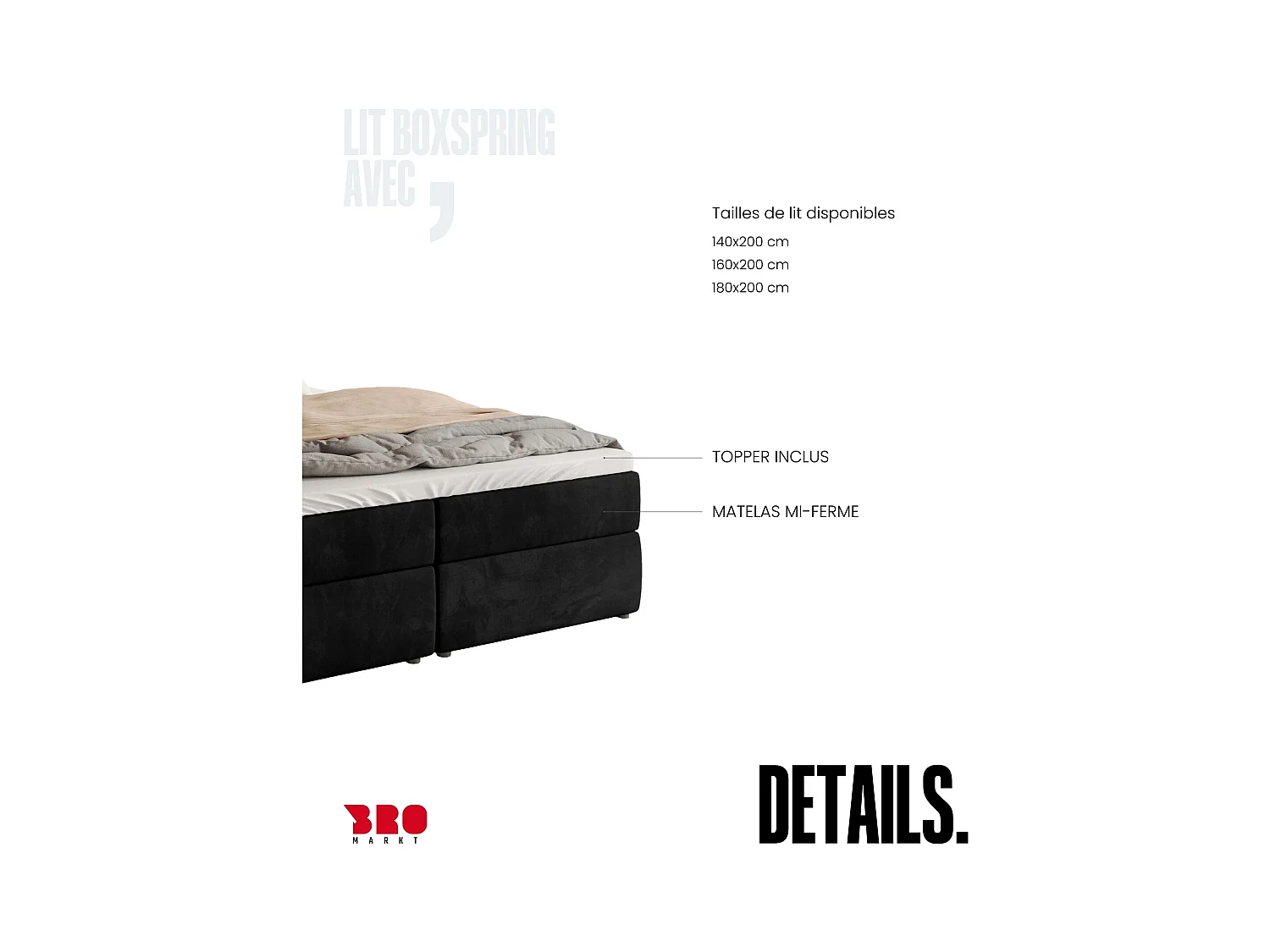 Boxspringbed met hoofdeinde, matras en dekmatras - BOSTON - 160x200 - zwart