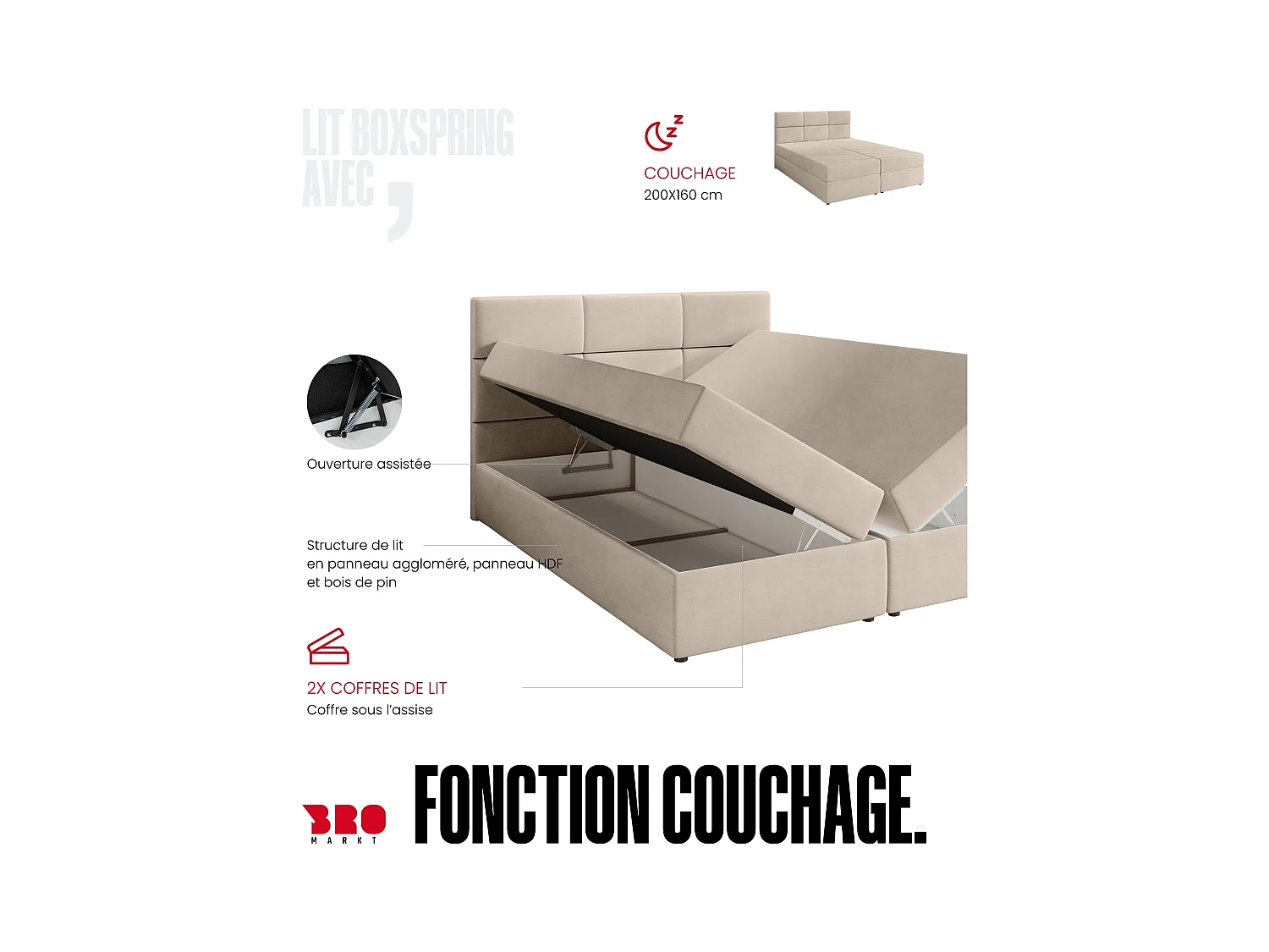 Boxspringbed met hoofdeinde, matras en dekmatras - BOSTON - 160x200 - zwart