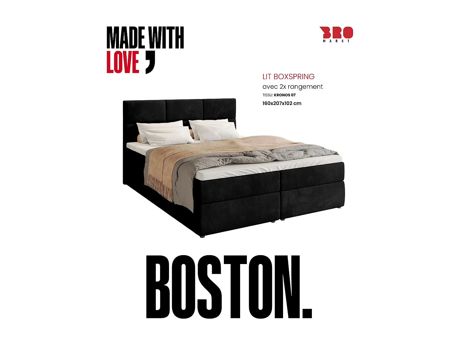 Lit boxspring avec rangement BOSTON - matelas - surmatelas - noir - 160x200 cm