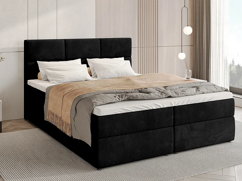 Lit boxspring avec rangement BOSTON - matelas - surmatelas - noir - 160x200 cm