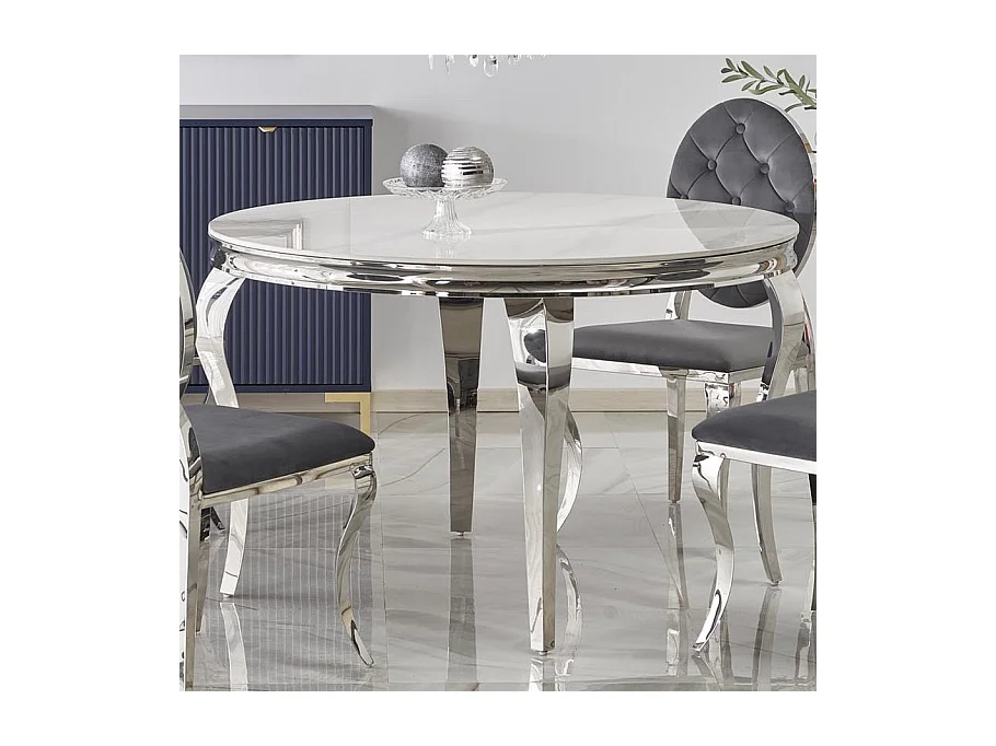 Table à manger ronde baroque 120 cm aspect marbre, pieds argentés CANICA