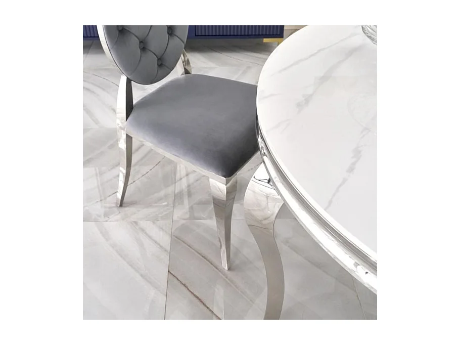 Table à manger ronde baroque 120 cm aspect marbre, pieds argentés CANICA