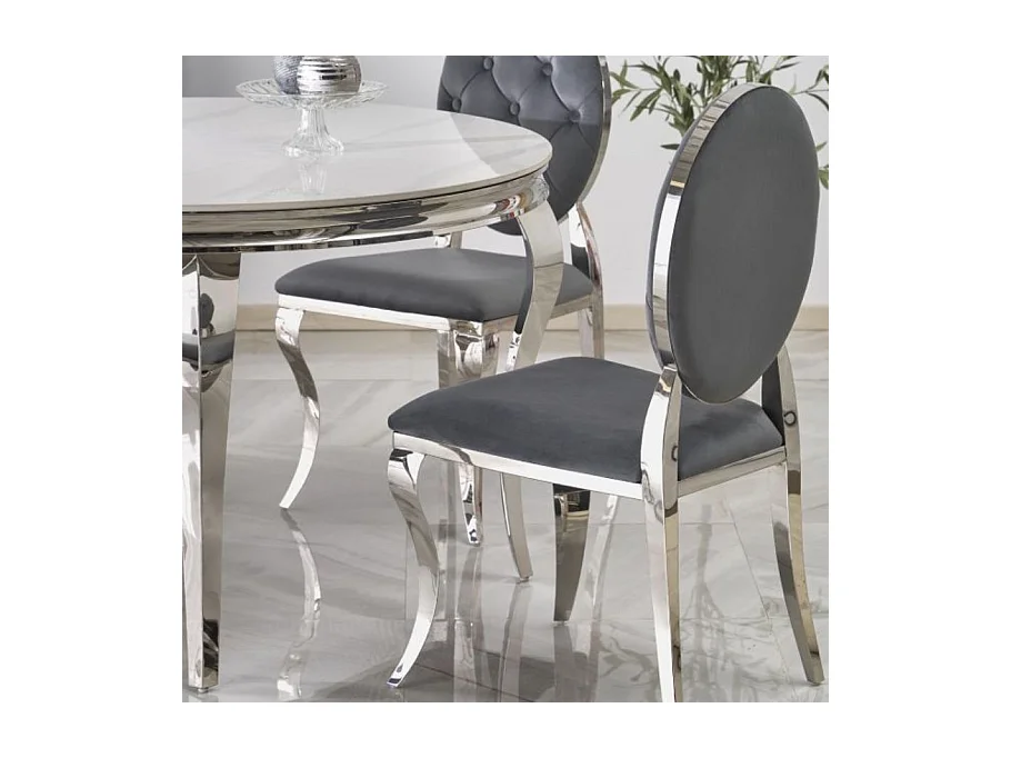 Table à manger ronde baroque 120 cm aspect marbre, pieds argentés CANICA