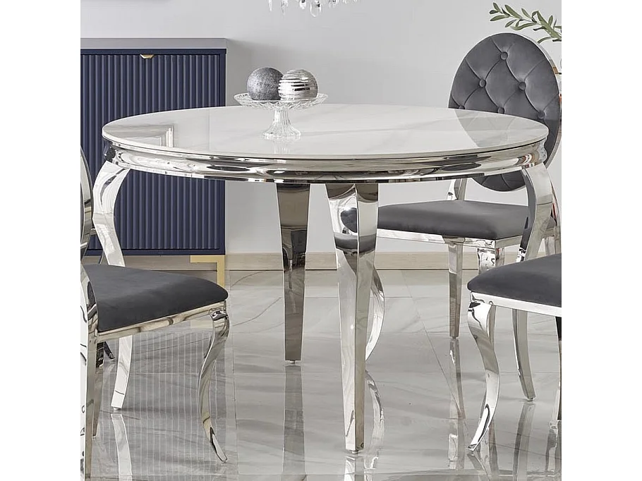 Table à manger ronde baroque 120 cm aspect marbre, pieds argentés CANICA