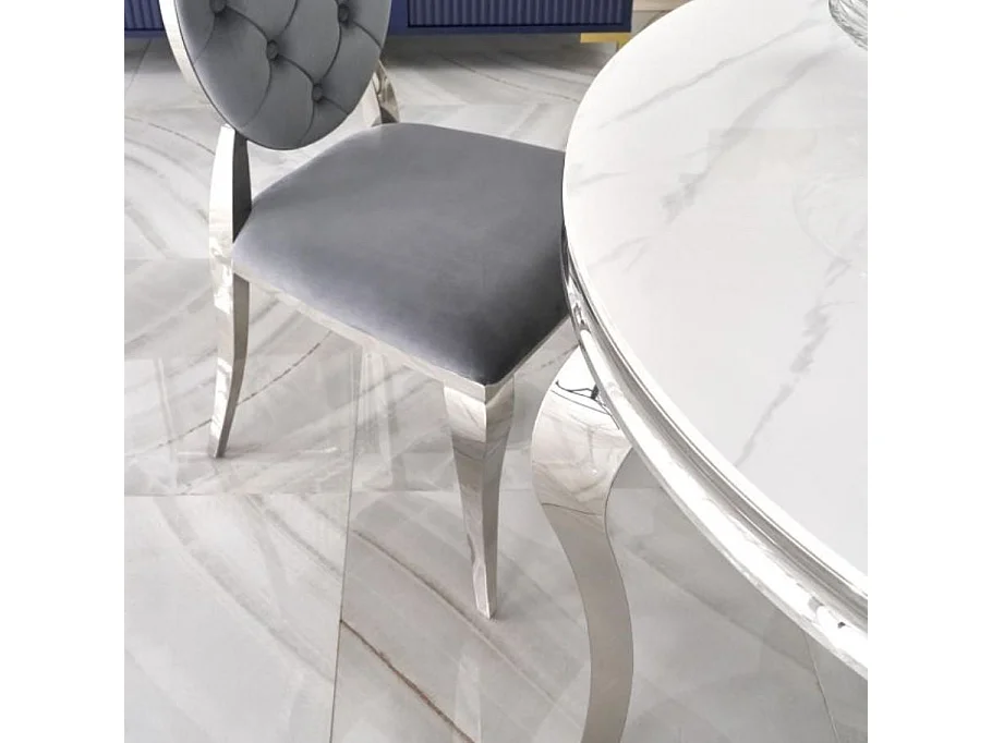 Table à manger ronde baroque 120 cm aspect marbre, pieds argentés CANICA