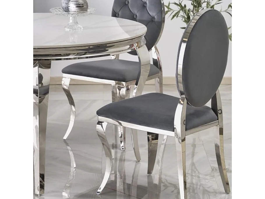 Table à manger ronde baroque 120 cm aspect marbre, pieds argentés CANICA