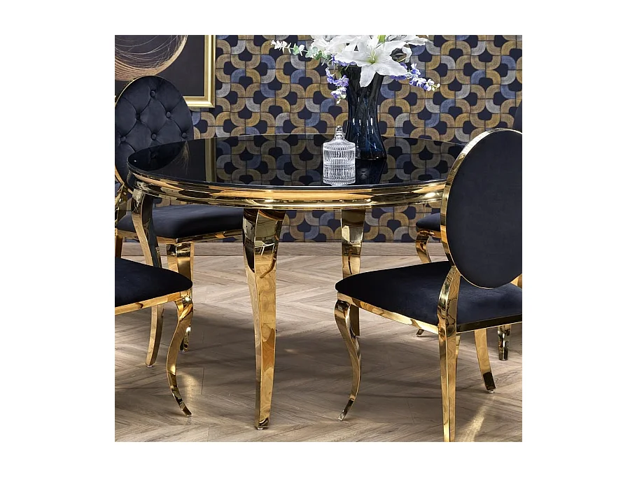 Table ronde 120cm pieds dorés et plateau noir en verre CANICA