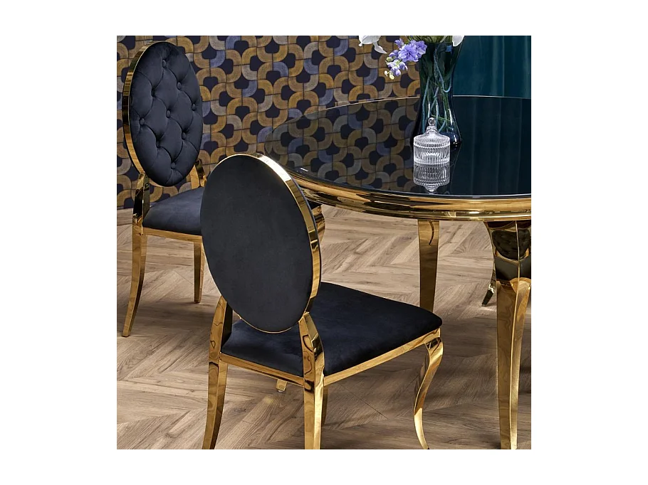 Table ronde 120cm pieds dorés et plateau noir en verre CANICA