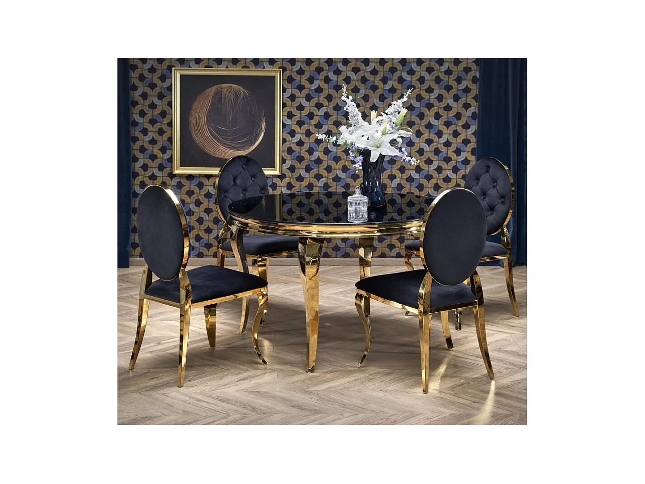 Mesa redonda de 120 cm con patas doradas y tablero de cristal negro CANICA