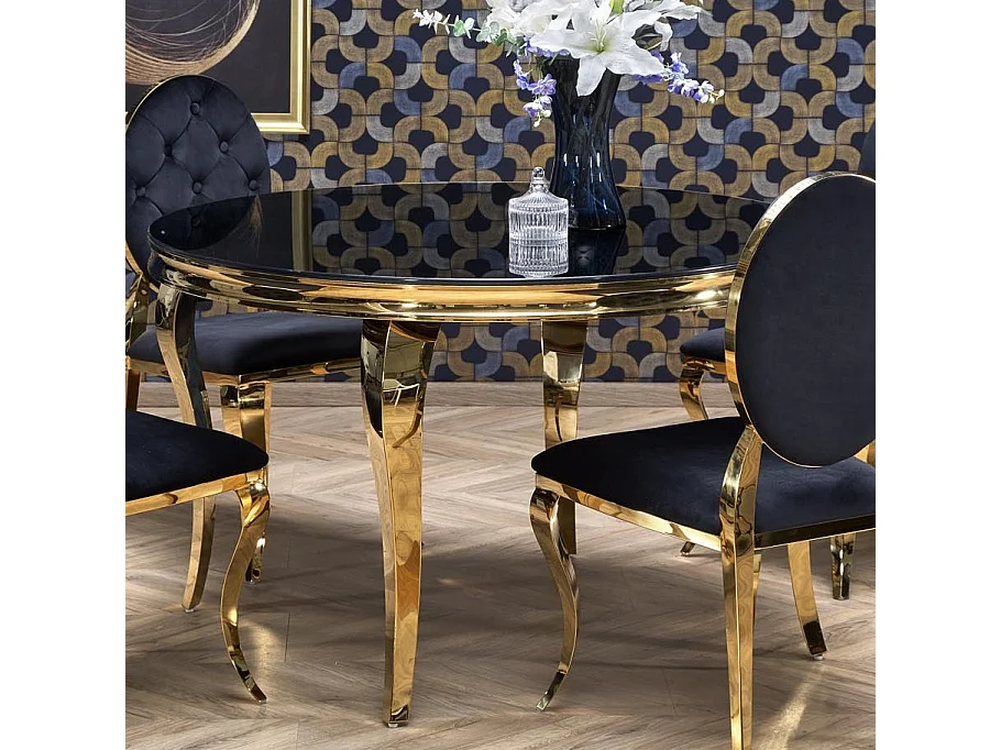 Mesa redonda de 120 cm con patas doradas y tablero de cristal negro CANICA