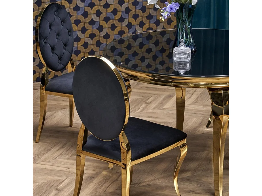 Mesa redonda de 120 cm con patas doradas y tablero de cristal negro CANICA