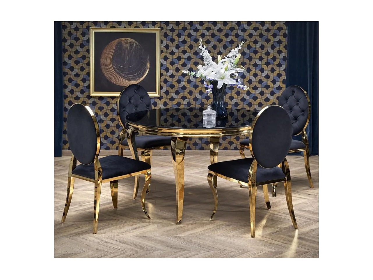 Mesa redonda de 120 cm con patas doradas y tablero de cristal negro CANICA