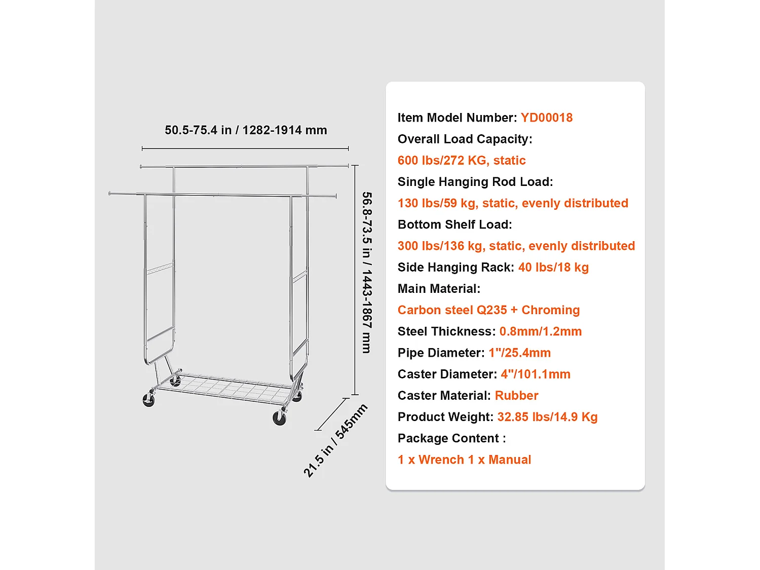 Portant à Vêtements, SucceBuy Porte-Vêtements Robuste, Double Tringle de Suspension, Capacité de 272 kg, Acier Durable