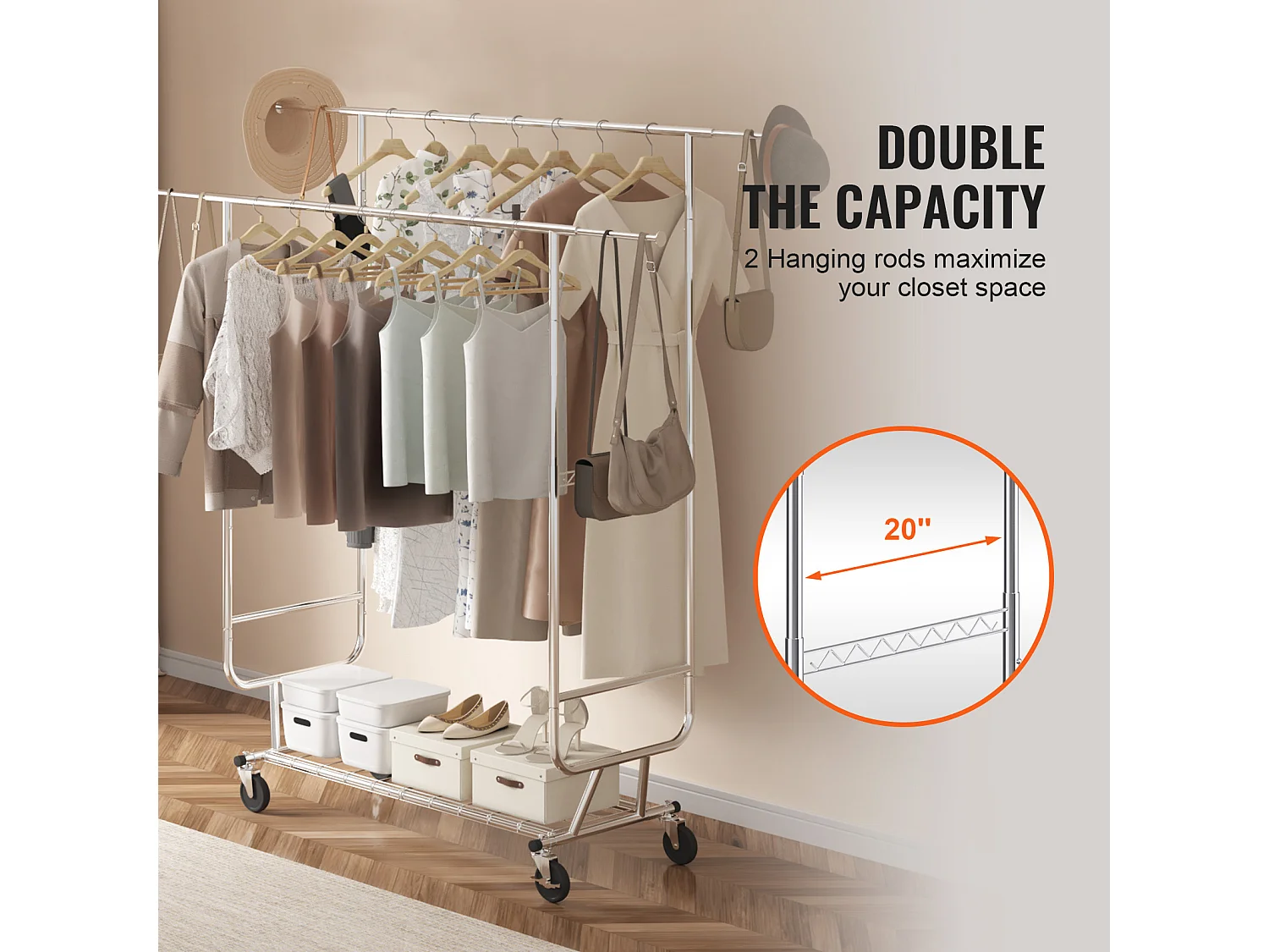 Portant à Vêtements, SucceBuy Porte-Vêtements Robuste, Double Tringle de Suspension, Capacité de 272 kg, Acier Durable