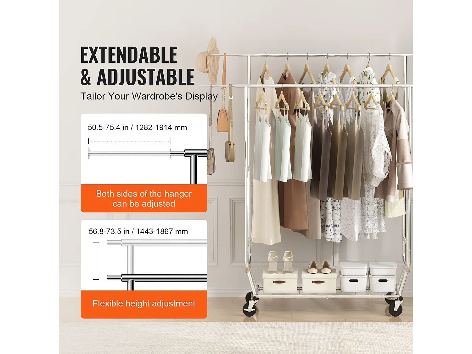 Portant à Vêtements, SucceBuy Porte-Vêtements Robuste, Double Tringle de Suspension, Capacité de 272 kg, Acier Durable