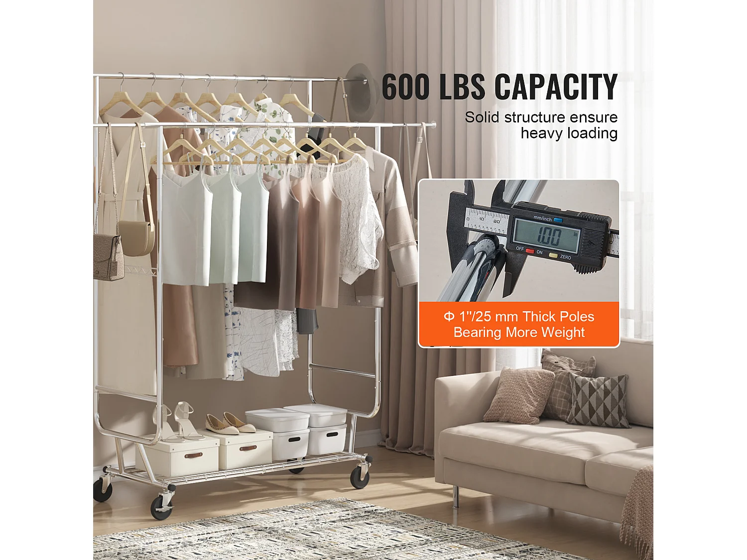 Portant à Vêtements, SucceBuy Porte-Vêtements Robuste, Double Tringle de Suspension, Capacité de 272 kg, Acier Durable