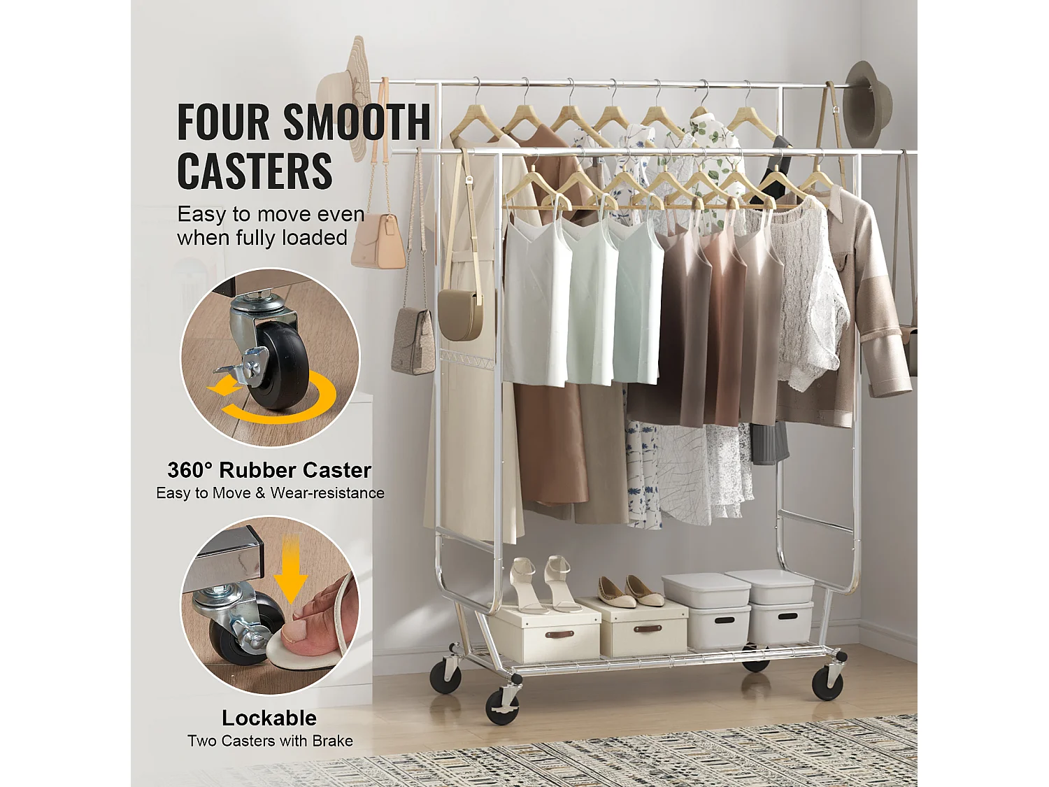 Portant à Vêtements, SucceBuy Porte-Vêtements Robuste, Double Tringle de Suspension, Capacité de 272 kg, Acier Durable