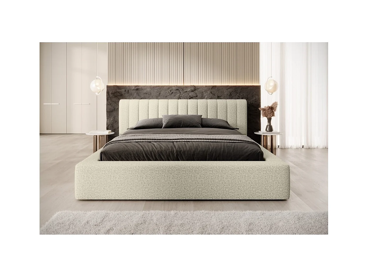 Cama con canapé CERVIN – Topo jaspeado bucle – 160x200 cm – Somier elevable – Diseño de alta gama