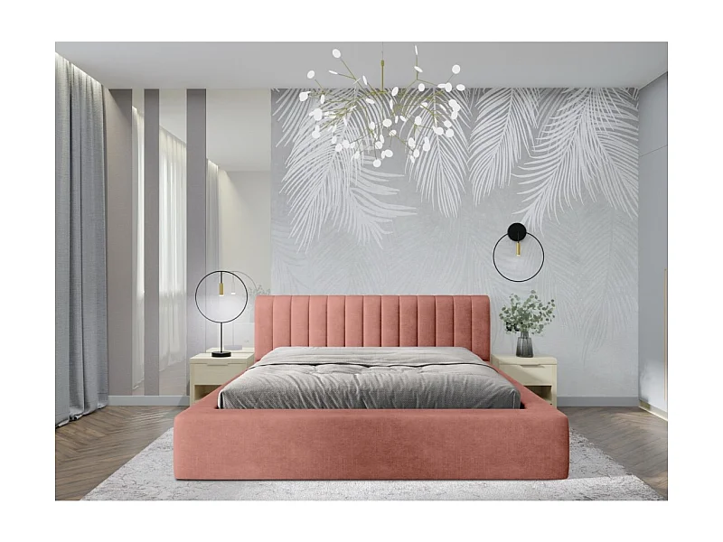 Lit coffre CERVIN – Veludo macio Ocre rosado – 140x200 cm – Estrado elevatório – Design elegante