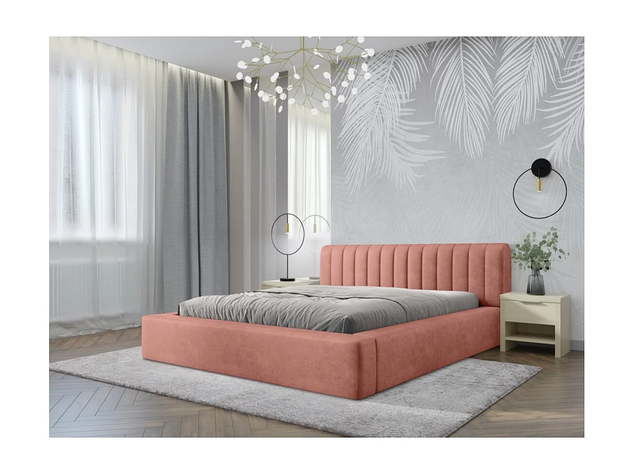 Lit coffre CERVIN – Velours doux Ocre rosé – 140x200 cm – Sommier relevable – Design élégant