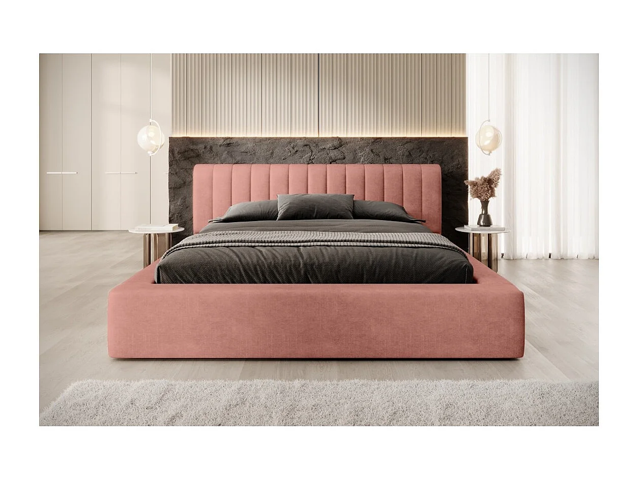 Lit coffre CERVIN – Veludo macio Ocre rosado – 140x200 cm – Estrado elevatório – Design elegante