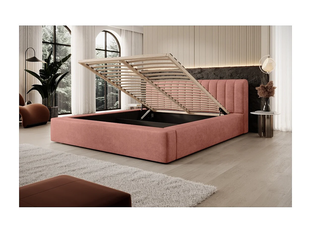 Lit coffre CERVIN – Veludo macio Ocre rosado – 140x200 cm – Estrado elevatório – Design elegante