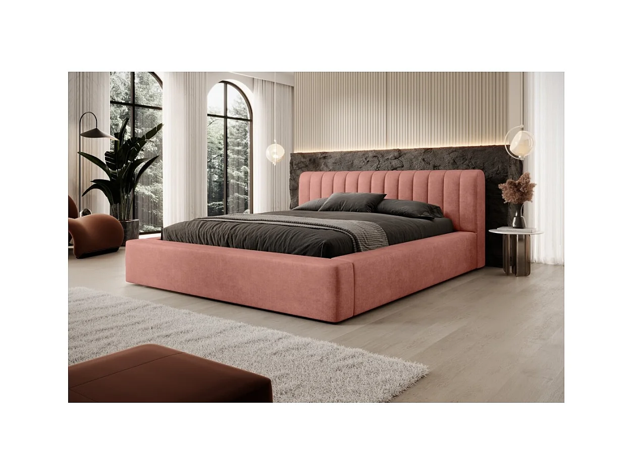 Lit coffre CERVIN – Velours doux Ocre rosé – 180x200 cm – Sommier relevable – Design élégant