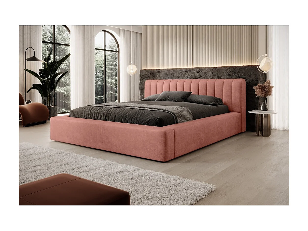 Cama baú CERVIN – Veludo macio Ocre rosado – 180x200 cm – Estrado elevatório – Design elegante