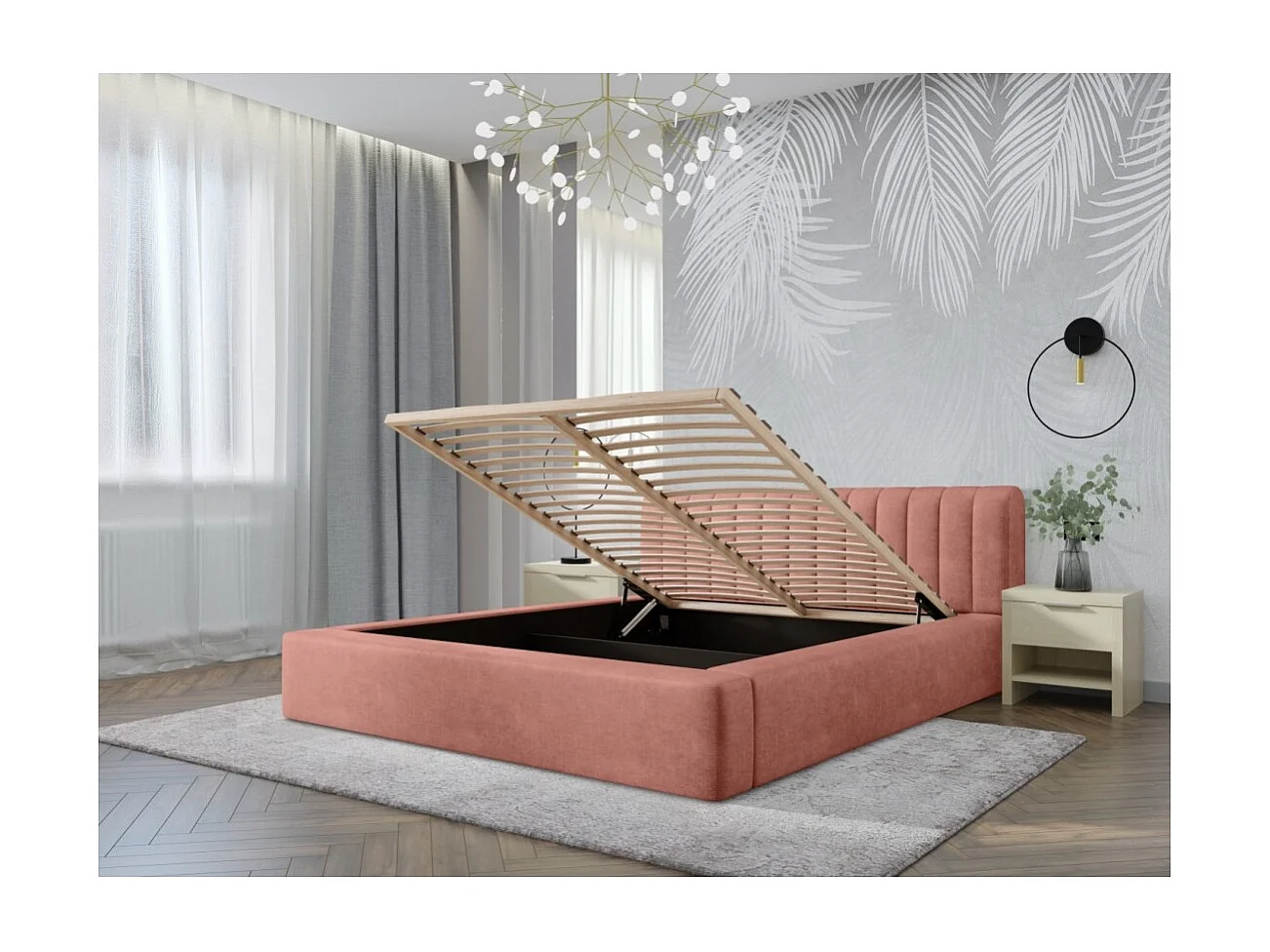 Cama baú CERVIN – Veludo macio Ocre rosado – 180x200 cm – Estrado elevatório – Design elegante