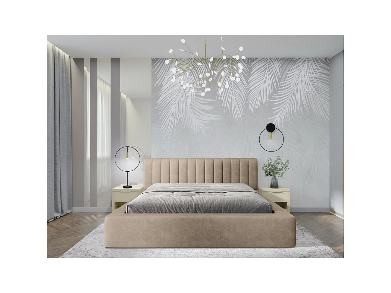 Lit coffre CERVIN – Velours doux Nude Sablé – 180x200 cm – Sommier relevable – Design élégant