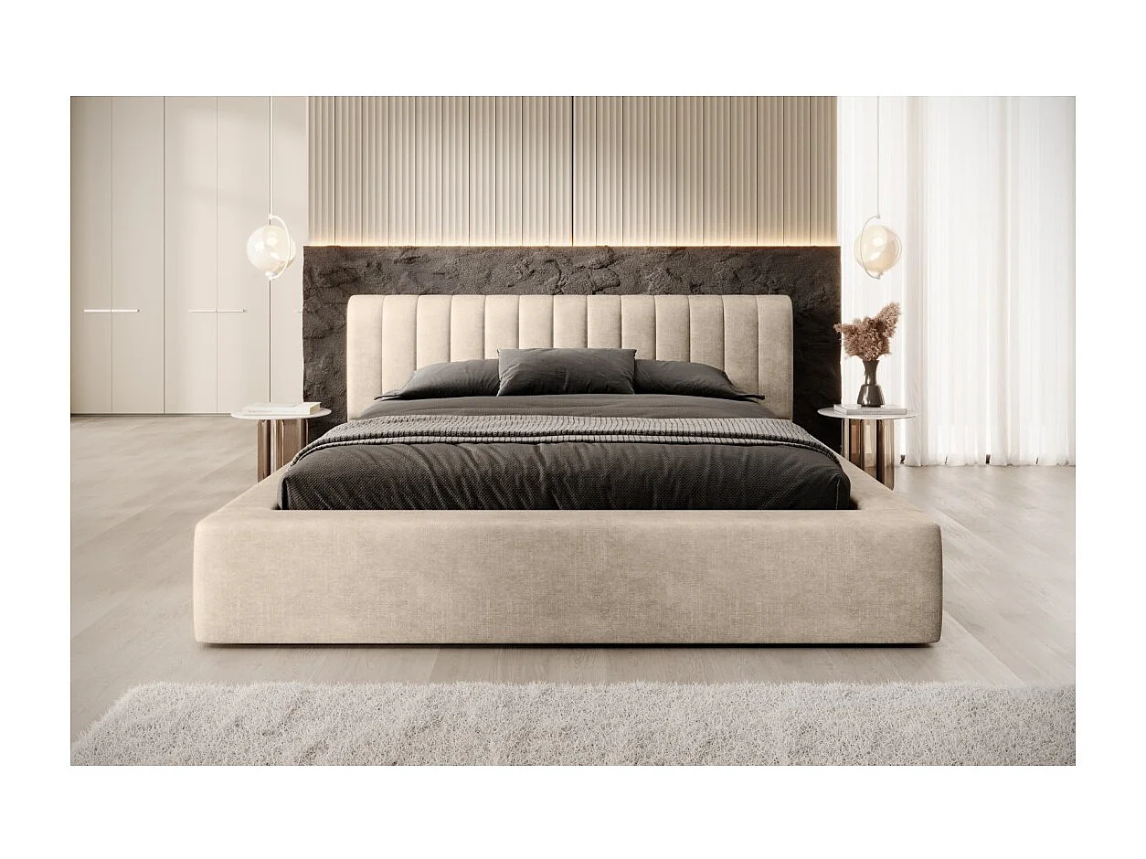 Lit coffre CERVIN – Velours doux Nude Sablé – 180x200 cm – Sommier relevable – Design élégant
