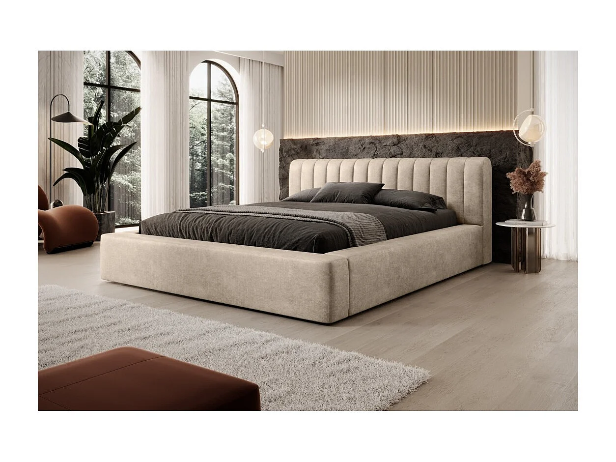 Lit coffre CERVIN – Veludo macio Nude Sablé – 180x200 cm – Sommier elevatório – Design elegante