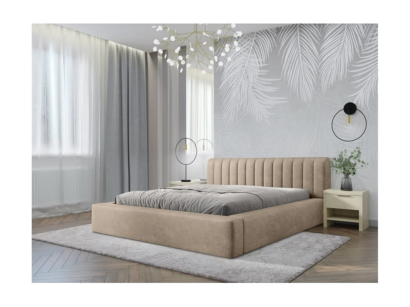 Lit coffre CERVIN – Veludo macio Nude Sablé – 180x200 cm – Sommier elevatório – Design elegante