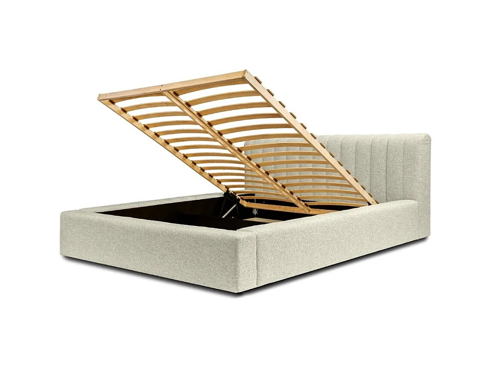 Cama baú CERVIN – Taupe sablé bouclé – 180x200 cm – Estrado elevatório – Design de alta qualidade