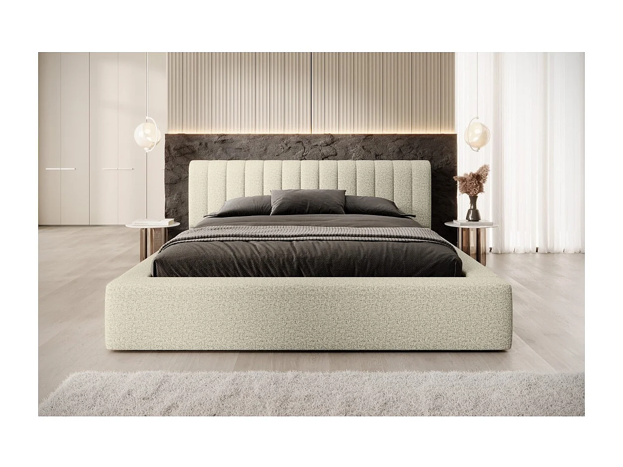 Cama baú CERVIN – Taupe sablé bouclé – 180x200 cm – Estrado elevatório – Design de alta qualidade