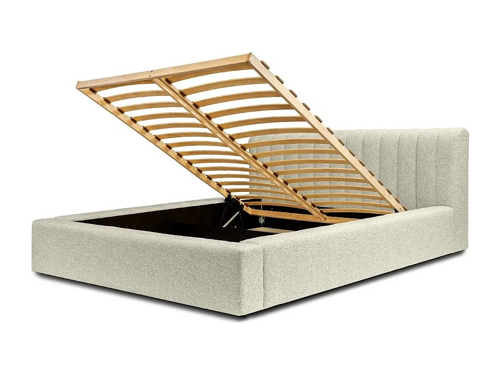 Cama baú CERVIN – Taupe sablé bouclé – 180x200 cm – Estrado elevatório – Design de alta qualidade