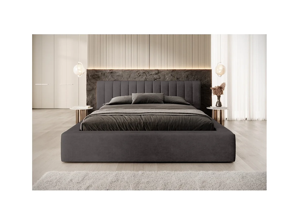 Lit coffre CERVIN – Velours doux Charbon minéral – 160x200 cm – Sommier relevable – Design contemporain